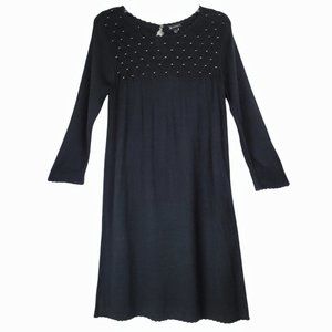 New Directions Women's NWT L Knit Blk Dress Knee Length Smocking 3/4 Sleeve